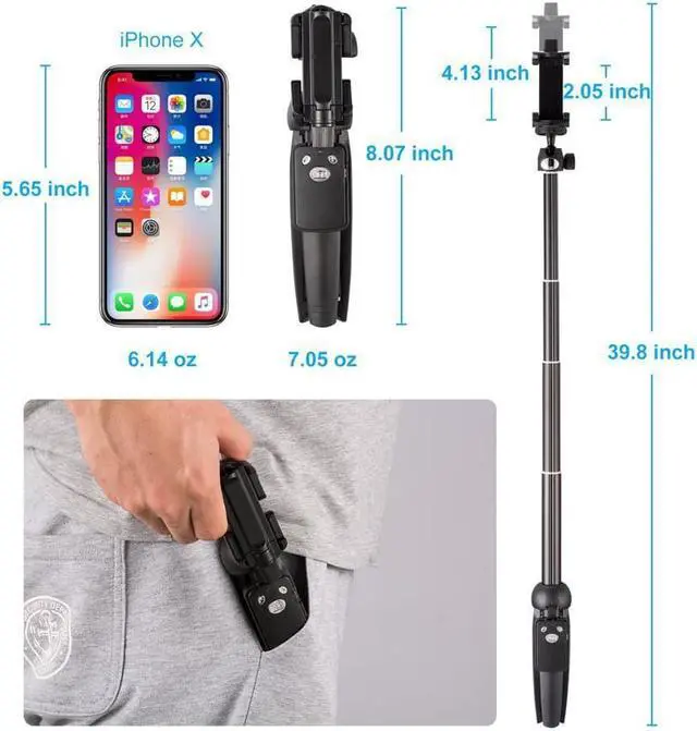 Alt view image 3 of 7 - Selfie Stick, Professional Selfie Stick Tripod, 40-inch Extendable Selfie Stick with Wireless Remote and Tripod Stand for iPhone 14 13 12 11 pro Xs Max Xr X 8 7 6 Plus, Android Samsung Smartphone