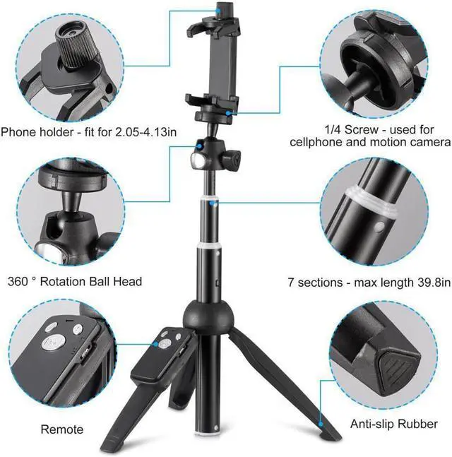 Alt view image 6 of 7 - Selfie Stick, Professional Selfie Stick Tripod, 40-inch Extendable Selfie Stick with Wireless Remote and Tripod Stand for iPhone 14 13 12 11 pro Xs Max Xr X 8 7 6 Plus, Android Samsung Smartphone