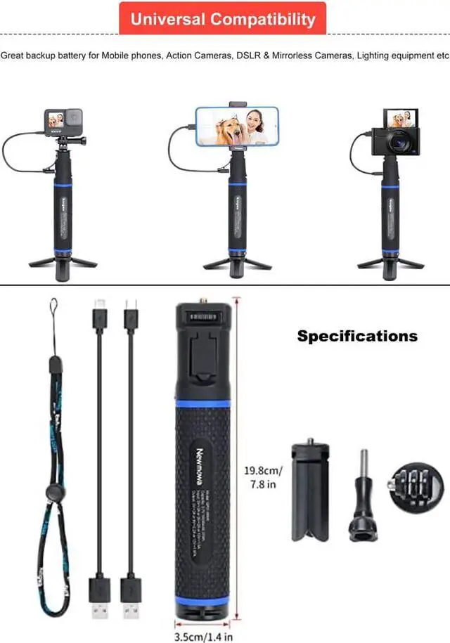 Alt view image 6 of 7 - 10000mAh Power Bank Grip, Portable Tripod for PD/QC Battery Charging for DSLR Action Camera, GoPro Hero 11/10/9/8/7/6/5/4/3+/3, Insta360,YI Sport Camera, DJI OSMO, OSMO Pocket and Smartphone