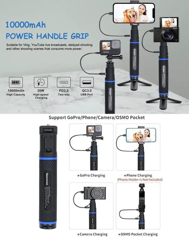 Alt view image 2 of 7 - 10000mAh Power Bank Grip, Portable Tripod for PD/QC Battery Charging for DSLR Action Camera, GoPro Hero 11/10/9/8/7/6/5/4/3+/3, Insta360,YI Sport Camera, DJI OSMO, OSMO Pocket and Smartphone