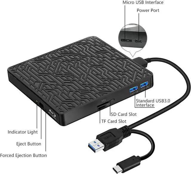 Alt view image 2 of 7 - 5 in 1 External bluray Drive, USB3.0 Type-C Bluay blue-ray Drive Slim Optical CD DVD Drive Burner with SD/TF Card Reader/2 USB3.0 Hubs for pc Windows XP/7/8/10, MacOS, MacBook, Laptop, Desktop