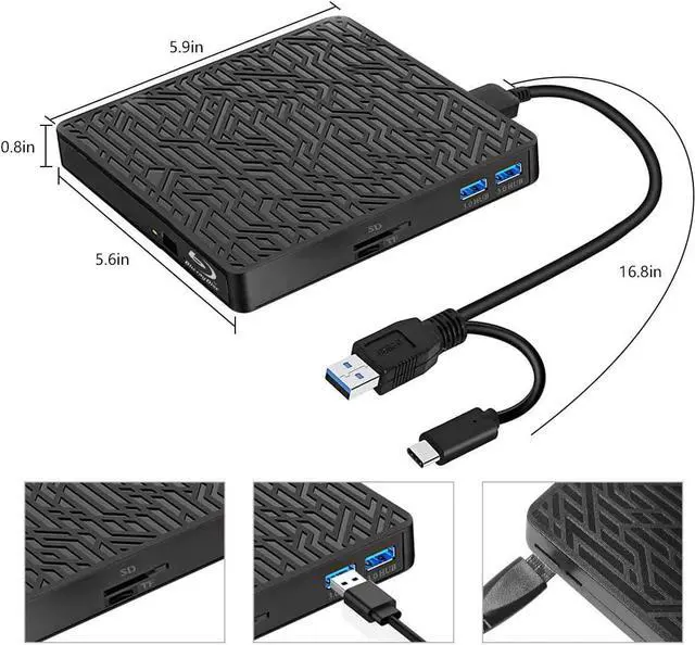 Alt view image 6 of 7 - External Bluray Drive, 5 in 1 USB 3.0 with Type-C SD/TF Card Player External Bluray DVD Drive for Laptop/MacBook/Desktop/Car Compatible with MacOS/Windows 10/8/7
