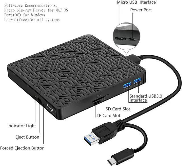 Alt view image 7 of 7 - External Bluray Drive, 5 in 1 USB 3.0 with Type-C SD/TF Card Player External Bluray DVD Drive for Laptop/MacBook/Desktop/Car Compatible with MacOS/Windows 10/8/7
