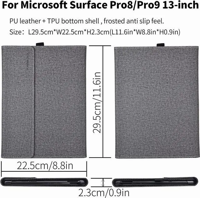 Alt view image 2 of 7 - Case for 13 Inch Microsoft Surface Pro 9 2022 / Surface Pro 8 2021 - Multiple Angle Viewing PU Leather Business Cover with Pencil Holder, Compatible with Type Cover Keyboard Light Gray