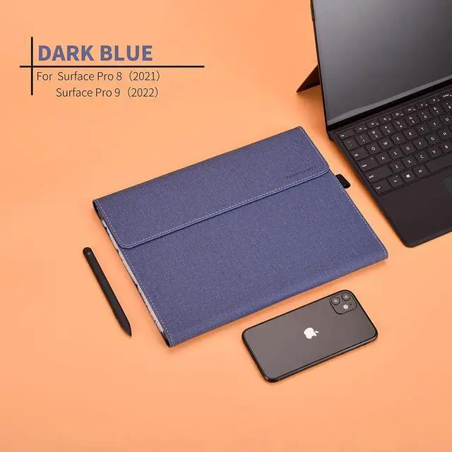 Alt view image 7 of 7 - Case for 13 Inch Microsoft Surface Pro 9 2022 / Surface Pro 8 2021 - Multiple Angle Viewing PU Leather Business Cover with Pencil Holder, Compatible with Type Cover Keyboard Dark Blue