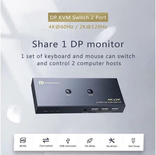 Alt view image 2 of 7 - DisplayPort KVM Switch 2 Port, KVM Switch DisplayPort for 2 Computers Sharing 1 Monitor and 3 USB Devices, Support 4K @60Hz, 2K(2560X1440) @120Hz, with Extended Control Switch and 2 USB Cables
