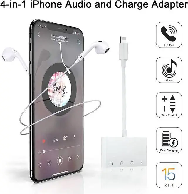 Alt view image 2 of 7 - 4 in 1 Headphone Jack Audio Charger Adapter & Splitter, iPhone Headphone Jack + Dual 3.5mm Headphone Jack + Charging Port for iPhone 14 13 12 11 X 8 7 / iPad- Support iOS 15