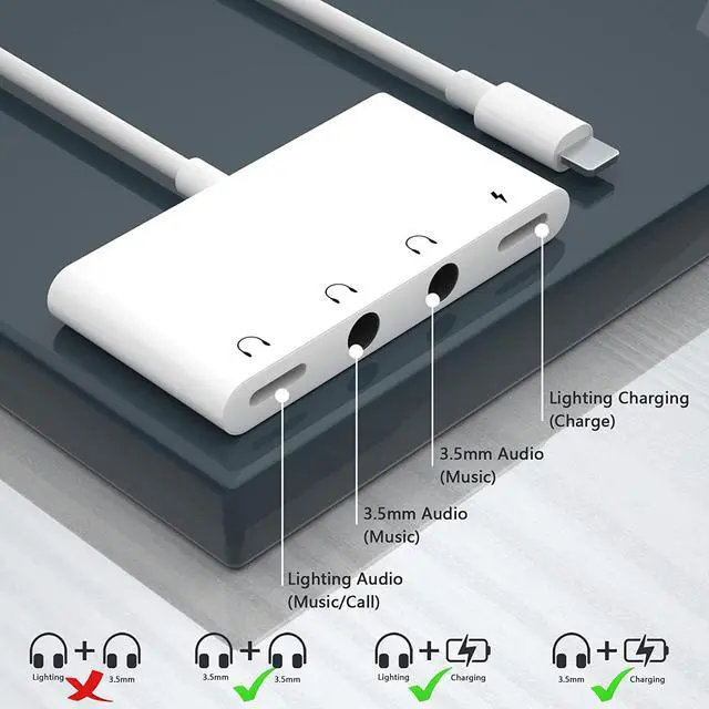 Alt view image 3 of 7 - 4 in 1 Headphone Jack Audio Charger Adapter & Splitter, iPhone Headphone Jack + Dual 3.5mm Headphone Jack + Charging Port for iPhone 14 13 12 11 X 8 7 / iPad- Support iOS 15