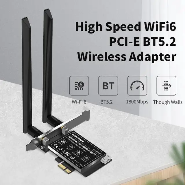 Alt view image 2 of 7 - 1800M WiFi 6E PCIe Card, Bluetooth 5.2 PCIe Adapter, Dual Band 2.4G/5Ghz WIFI 6 Wireless PCIe Gigabit Ethernet Network Card, Low-Profile Bracket, WPA3, MU-MIMO, OFDMA, Heat Sink, Windows 11, 10