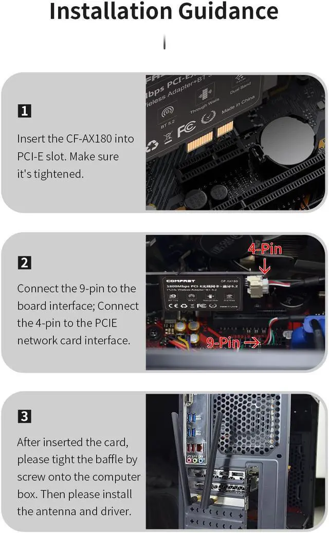 Alt view image 7 of 7 - 1800M WiFi 6E PCIe Card, Bluetooth 5.2 PCIe Adapter, Dual Band 2.4G/5Ghz WIFI 6 Wireless PCIe Gigabit Ethernet Network Card, Low-Profile Bracket, WPA3, MU-MIMO, OFDMA, Heat Sink, Windows 11, 10