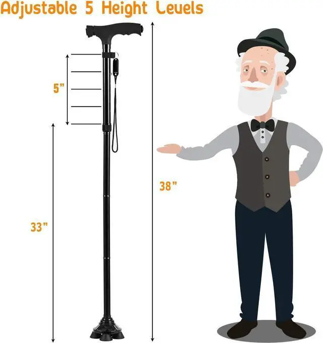 Alt view image 5 of 7 - Folding Cane with Led Light, Adjustable Canes and Walking Sticks for Men and Women, Walking Cane Stick for Elderly with Cushion T Handle and Pivoting Quad Base for Hiking Mountain Climbing Backpacker