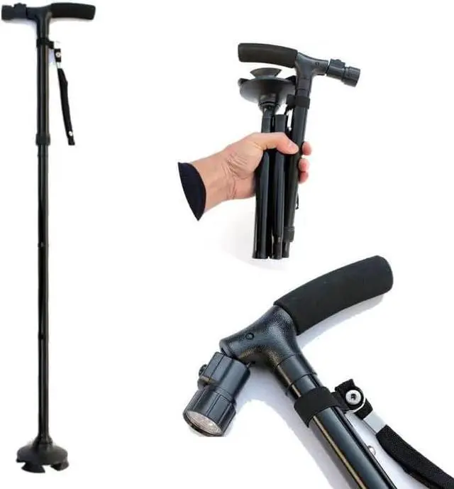 Alt view image 6 of 7 - Folding Cane with Led Light, Adjustable Canes and Walking Sticks for Men and Women, Walking Cane Stick for Elderly with Cushion T Handle and Pivoting Quad Base for Hiking Mountain Climbing Backpacker
