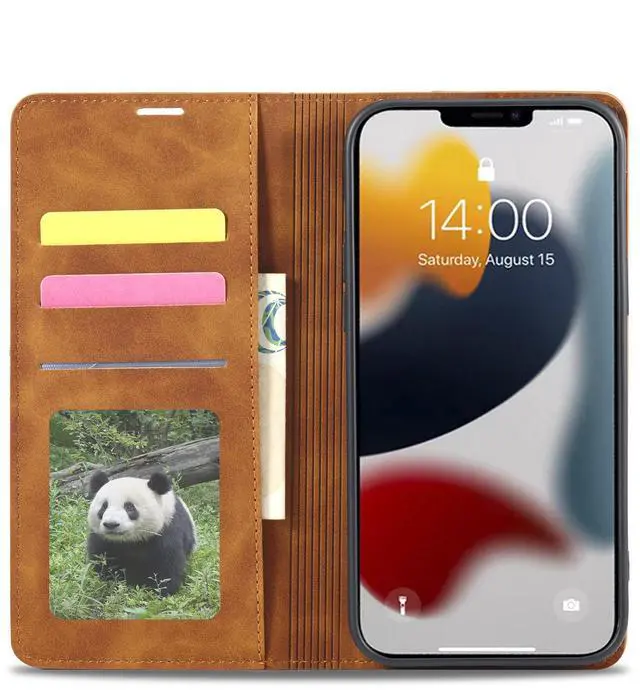 Alt view image 4 of 7 - Case for iPhone 14 Pro 6.1 inch Premium PU Leather Cover with Card Holder Kickstand Shockproof Flip Wallet Cover Brown