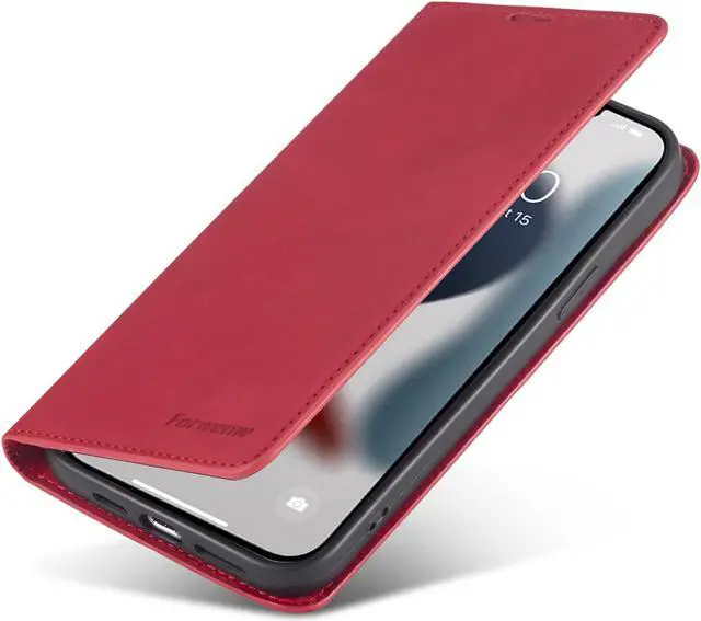 Alt view image 6 of 7 - Case for iPhone 14 Pro Max 6.7 inch Premium PU Leather Cover with Card Holder Kickstand Shockproof Flip Wallet Cover Red