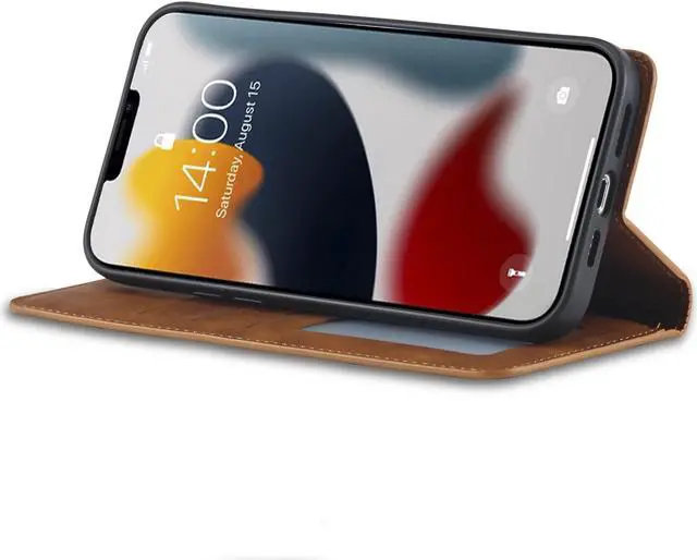 Alt view image 5 of 7 - Case for iPhone 14 Pro Max 6.7 inch Premium PU Leather Cover with Card Holder Kickstand Shockproof Flip Wallet Cover Brown