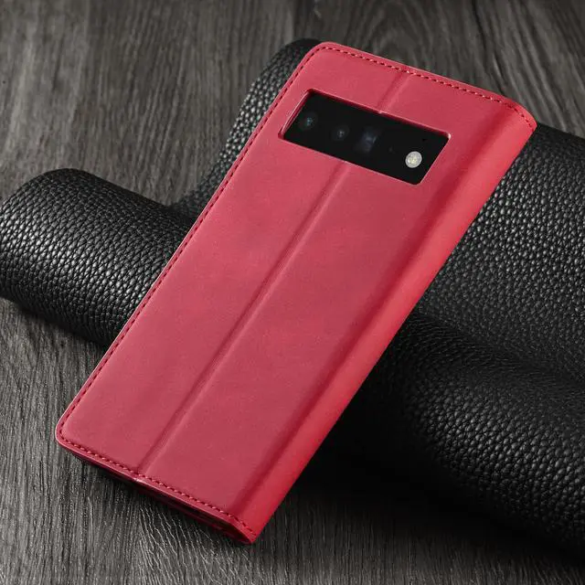 Alt view image 7 of 7 - Case for Google Pixel 6 5G 6.4 inch Premium PU Leather Cover with Card Holder Kickstand Shockproof Flip Wallet Cover Red