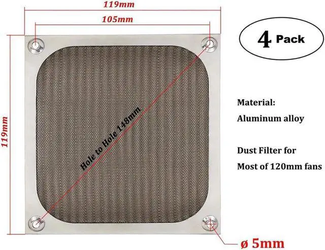 Alt view image 3 of 7 - 4 Pack 120mm Computer Fan Filter Grills with Screws Ultra Fine Aluminum Mesh Silver