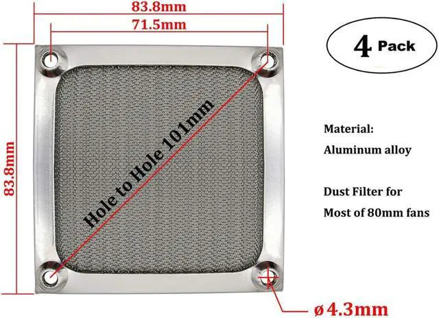 Alt view image 2 of 7 - 80mm Computer Fan Filter Grills with Screws Aluminum Frame Ultra Fine Stainelss Steel Mesh - 4 Pack Silver