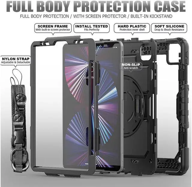 Alt view image 7 of 7 - Case For iPad Pro 11 inch Case 2022 2021 2020 2018 and iPad Air 5 / Air 4 10.9 inch 2022 2020 Shockproof Protective Cover with Screen Protector/Kickstand/Hand &Shoulder Strap