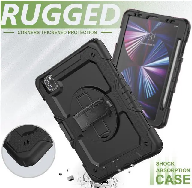 Alt view image 5 of 7 - Case For iPad Pro 11 inch Case 2022 2021 2020 2018 and iPad Air 5 / Air 4 10.9 inch 2022 2020 Shockproof Protective Cover with Screen Protector/Kickstand/Hand &Shoulder Strap