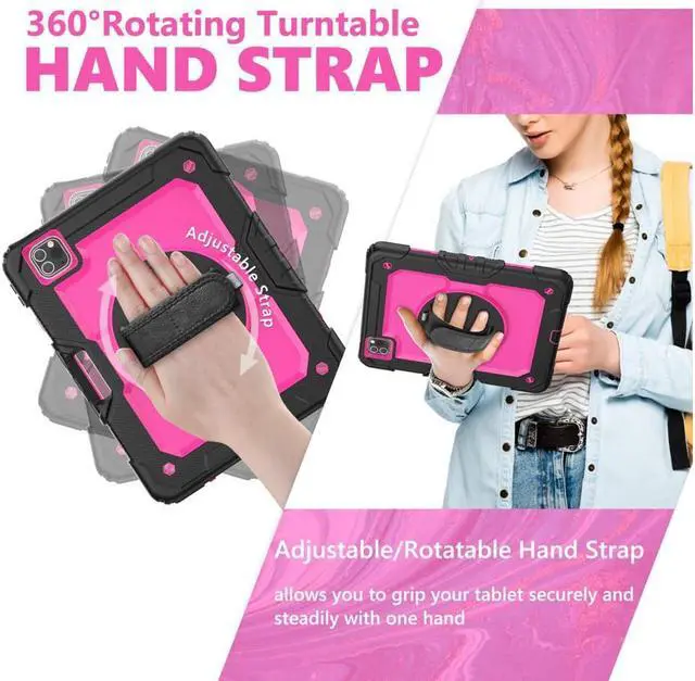 Alt view image 2 of 7 - Case For iPad Pro 11 inch Case 2022 2021 2020 2018 and iPad Air 5 / Air 4 10.9 inch 2022 2020 Shockproof Protective Cover with Screen Protector/Kickstand/Hand &Shoulder Strap Rose Red
