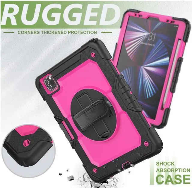 Alt view image 3 of 7 - Case For iPad Pro 11 inch Case 2022 2021 2020 2018 and iPad Air 5 / Air 4 10.9 inch 2022 2020 Shockproof Protective Cover with Screen Protector/Kickstand/Hand &Shoulder Strap Rose Red