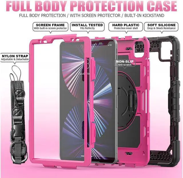 Alt view image 5 of 7 - Case For iPad Pro 11 inch Case 2022 2021 2020 2018 and iPad Air 5 / Air 4 10.9 inch 2022 2020 Shockproof Protective Cover with Screen Protector/Kickstand/Hand &Shoulder Strap Rose Red