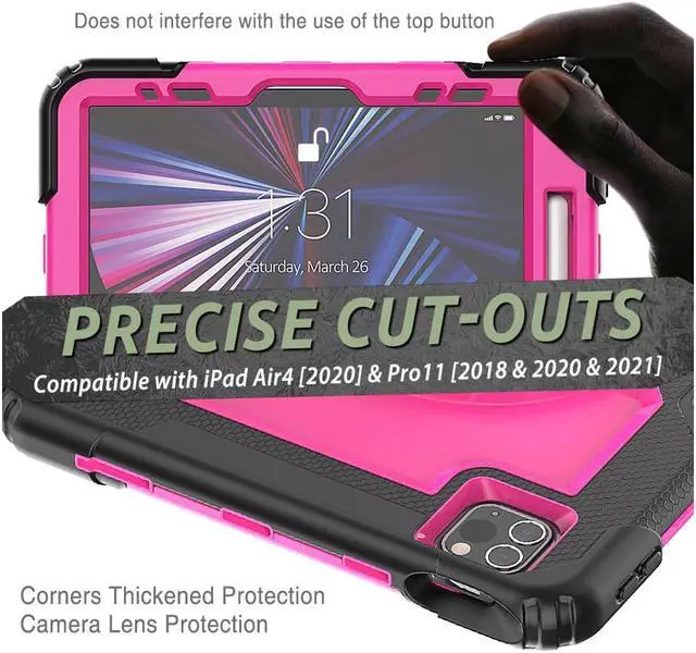 Alt view image 4 of 7 - Case For iPad Pro 11 inch Case 2022 2021 2020 2018 and iPad Air 5 / Air 4 10.9 inch 2022 2020 Shockproof Protective Cover with Screen Protector/Kickstand/Hand &Shoulder Strap Rose Red