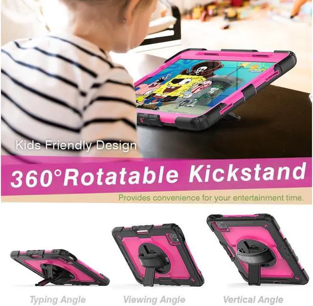 Alt view image 7 of 7 - Case For iPad Pro 11 inch Case 2022 2021 2020 2018 and iPad Air 5 / Air 4 10.9 inch 2022 2020 Shockproof Protective Cover with Screen Protector/Kickstand/Hand &Shoulder Strap Rose Red
