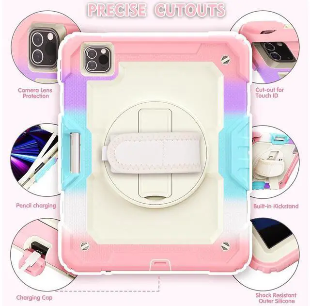 Alt view image 4 of 7 - Case for iPad Pro 11 2022 2021 2020 2018 / iPad Air 4 / Air 5 10.9 Inch, 360° Rotating Kickstand Shockproof Cover with Built-in Screen Protector & Shoulder Strap & Pencil Holder Pink