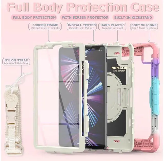 Alt view image 3 of 7 - Case for iPad Pro 11 2022 2021 2020 2018 / iPad Air 4 / Air 5 10.9 Inch, 360° Rotating Kickstand Shockproof Cover with Built-in Screen Protector & Shoulder Strap & Pencil Holder Pink