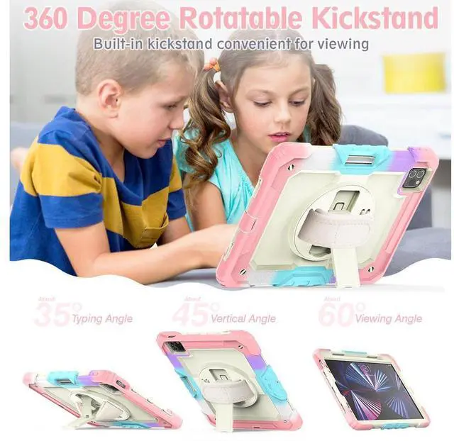 Alt view image 5 of 7 - Case for iPad Pro 11 2022 2021 2020 2018 / iPad Air 4 / Air 5 10.9 Inch, 360° Rotating Kickstand Shockproof Cover with Built-in Screen Protector & Shoulder Strap & Pencil Holder Pink