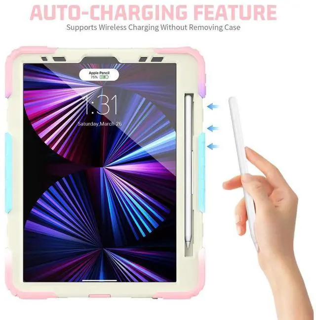 Alt view image 7 of 7 - Case for iPad Pro 11 2022 2021 2020 2018 / iPad Air 4 / Air 5 10.9 Inch, 360° Rotating Kickstand Shockproof Cover with Built-in Screen Protector & Shoulder Strap & Pencil Holder Pink