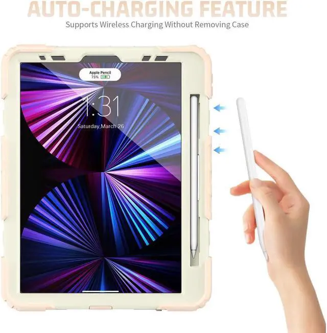 Alt view image 2 of 7 - Case for iPad Pro 11 2022 2021 2020 2018 / iPad Air 4 / Air 5 10.9 Inch, 360° Rotating Kickstand Shockproof Cover with Built-in Screen Protector & Shoulder Strap & Pencil Holder Rose Gold