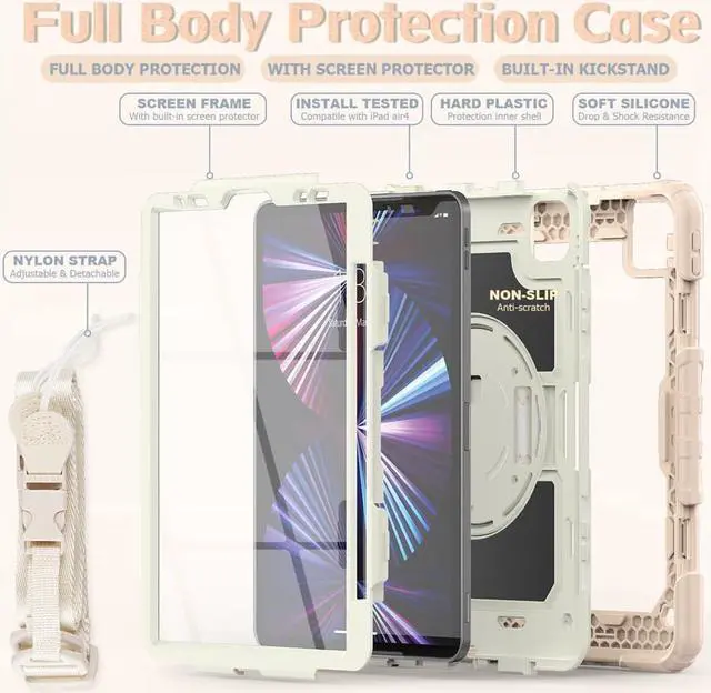 Alt view image 4 of 7 - Case for iPad Pro 11 2022 2021 2020 2018 / iPad Air 4 / Air 5 10.9 Inch, 360° Rotating Kickstand Shockproof Cover with Built-in Screen Protector & Shoulder Strap & Pencil Holder Rose Gold