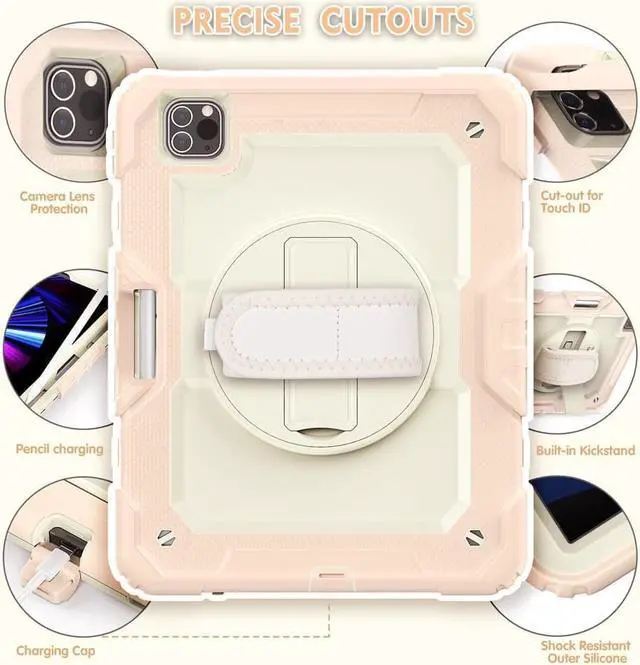 Alt view image 5 of 7 - Case for iPad Pro 11 2022 2021 2020 2018 / iPad Air 4 / Air 5 10.9 Inch, 360° Rotating Kickstand Shockproof Cover with Built-in Screen Protector & Shoulder Strap & Pencil Holder Rose Gold
