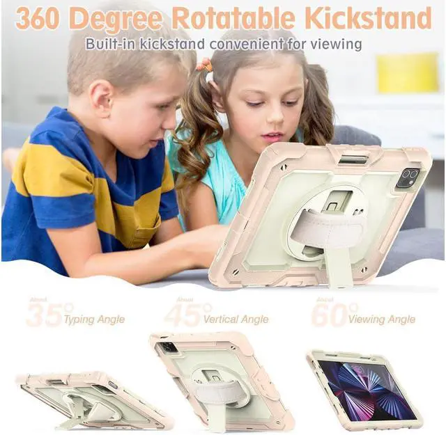 Alt view image 6 of 7 - Case for iPad Pro 11 2022 2021 2020 2018 / iPad Air 4 / Air 5 10.9 Inch, 360° Rotating Kickstand Shockproof Cover with Built-in Screen Protector & Shoulder Strap & Pencil Holder Rose Gold