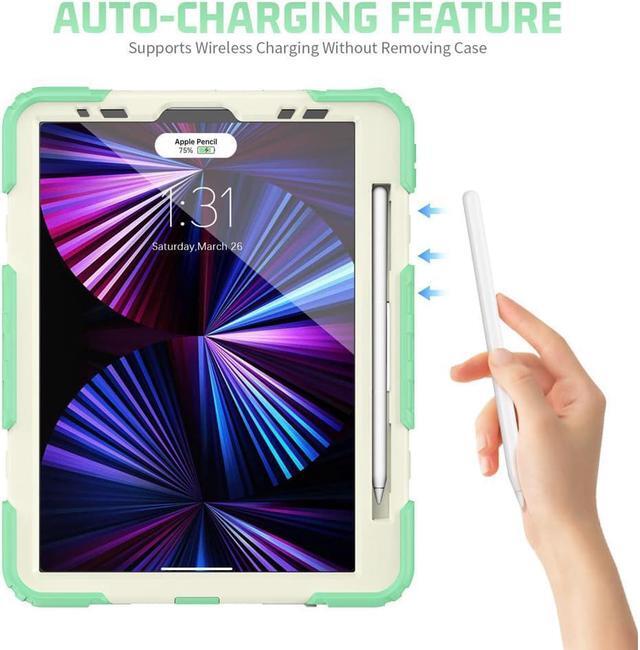 Alt view image 5 of 6 - Case for iPad Pro 11 2022 2021 2020 2018 / iPad Air 4 / Air 5 10.9 Inch, 360° Rotating Kickstand Shockproof Cover with Built-in Screen Protector & Shoulder Strap & Pencil Holder Green
