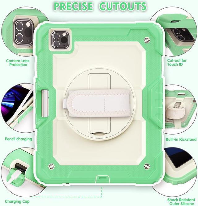 Alt view image 4 of 6 - Case for iPad Pro 11 2022 2021 2020 2018 / iPad Air 4 / Air 5 10.9 Inch, 360° Rotating Kickstand Shockproof Cover with Built-in Screen Protector & Shoulder Strap & Pencil Holder Green