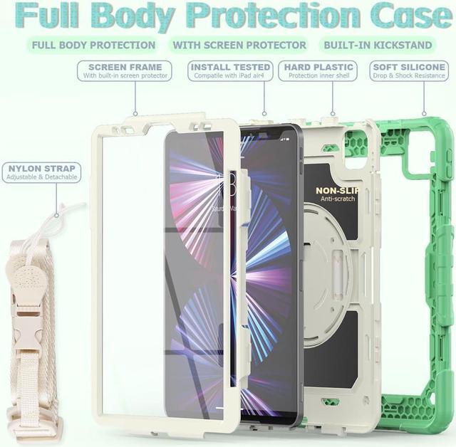 Alt view image 6 of 6 - Case for iPad Pro 11 2022 2021 2020 2018 / iPad Air 4 / Air 5 10.9 Inch, 360° Rotating Kickstand Shockproof Cover with Built-in Screen Protector & Shoulder Strap & Pencil Holder Green