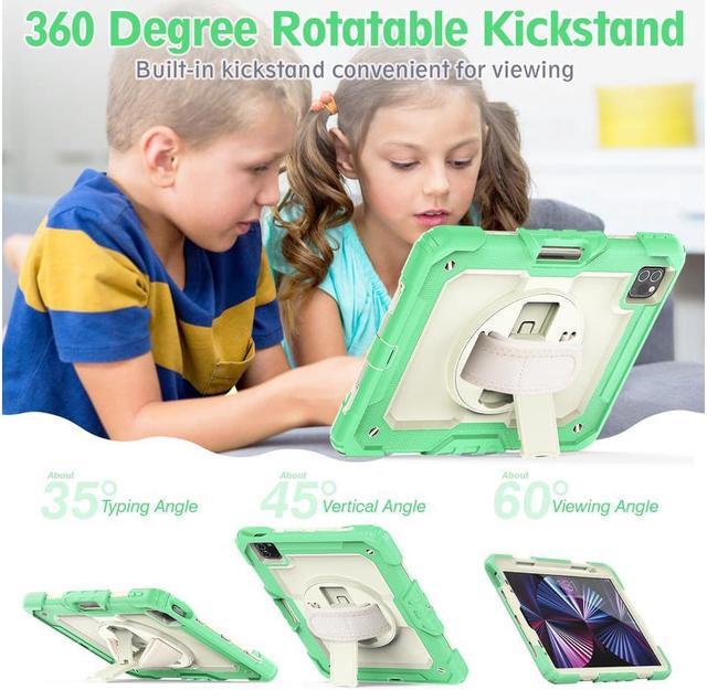 Alt view image 2 of 6 - Case for iPad Pro 11 2022 2021 2020 2018 / iPad Air 4 / Air 5 10.9 Inch, 360° Rotating Kickstand Shockproof Cover with Built-in Screen Protector & Shoulder Strap & Pencil Holder Green