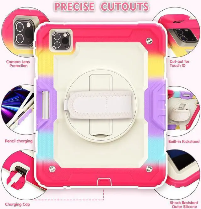 Alt view image 6 of 7 - Case for iPad Pro 11 2022 2021 2020 2018 / iPad Air 4 / Air 5 10.9 Inch, 360° Rotating Kickstand Shockproof Cover with Built-in Screen Protector & Shoulder Strap & Pencil Holder Rainbow Red