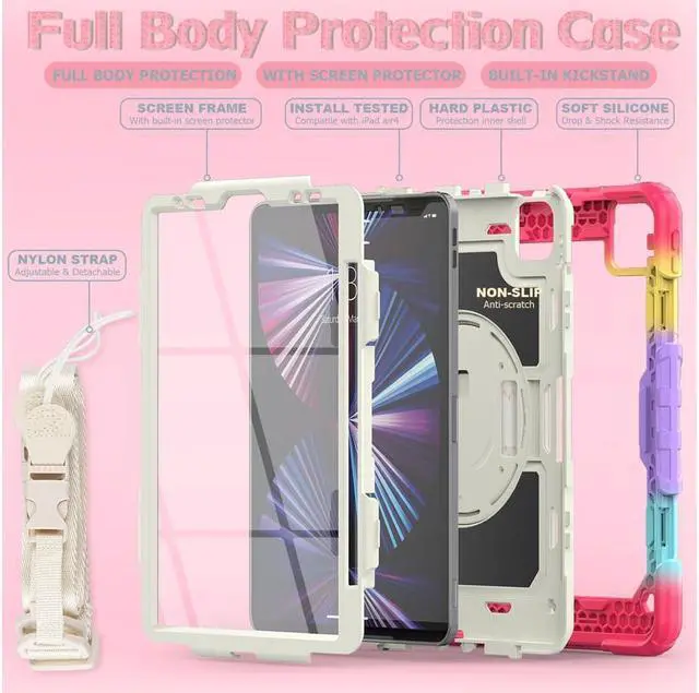Alt view image 5 of 7 - Case for iPad Pro 11 2022 2021 2020 2018 / iPad Air 4 / Air 5 10.9 Inch, 360° Rotating Kickstand Shockproof Cover with Built-in Screen Protector & Shoulder Strap & Pencil Holder Rainbow Red