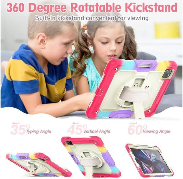 Alt view image 4 of 7 - Case for iPad Pro 11 2022 2021 2020 2018 / iPad Air 4 / Air 5 10.9 Inch, 360° Rotating Kickstand Shockproof Cover with Built-in Screen Protector & Shoulder Strap & Pencil Holder Rainbow Red