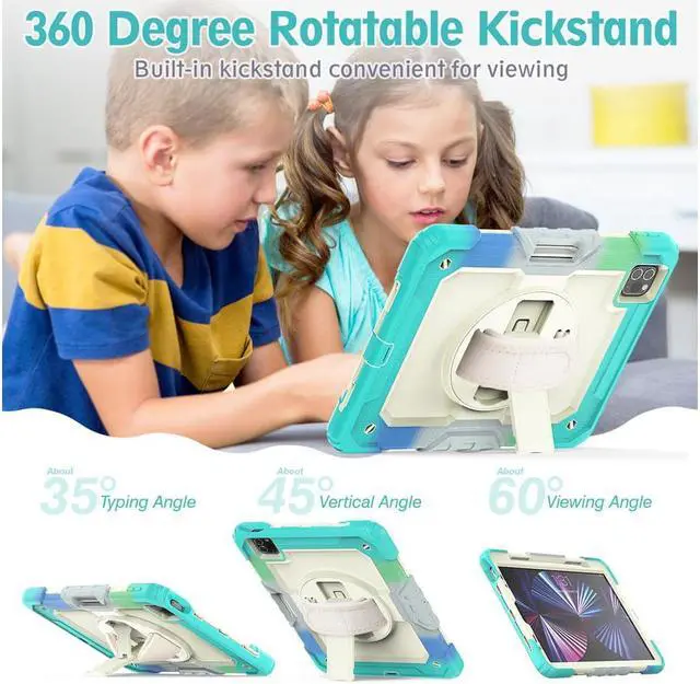 Alt view image 6 of 7 - Case for iPad Pro 11 2022 2021 2020 2018 / iPad Air 4 / Air 5 10.9 Inch, 360° Rotating Kickstand Shockproof Cover with Built-in Screen Protector & Shoulder Strap & Pencil Holder Light Blue