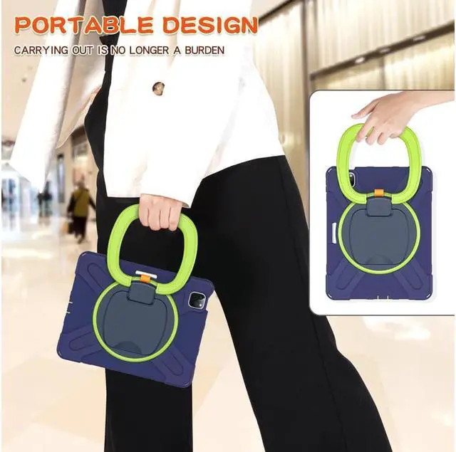 Alt view image 3 of 7 - Case for iPad Pro 11 inch 2022 2021 2020 2018/ iPad Air 4 / Air 5 10.9 Inch, 360° Rotating Kickstand Shockproof Cover with Built-in Stand & Shoulder Strap & Pencil Holder Blue