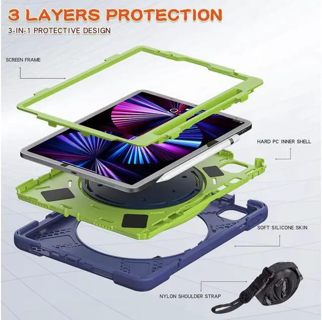 Alt view image 4 of 7 - Case for iPad Pro 11 inch 2022 2021 2020 2018/ iPad Air 4 / Air 5 10.9 Inch, 360° Rotating Kickstand Shockproof Cover with Built-in Stand & Shoulder Strap & Pencil Holder Blue