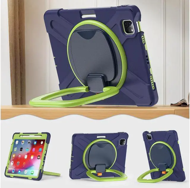 Alt view image 6 of 7 - Case for iPad Pro 11 inch 2022 2021 2020 2018/ iPad Air 4 / Air 5 10.9 Inch, 360° Rotating Kickstand Shockproof Cover with Built-in Stand & Shoulder Strap & Pencil Holder Blue