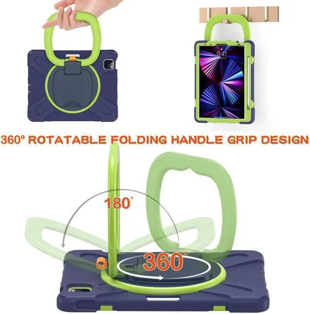 Alt view image 7 of 7 - Case for iPad Pro 11 inch 2022 2021 2020 2018/ iPad Air 4 / Air 5 10.9 Inch, 360° Rotating Kickstand Shockproof Cover with Built-in Stand & Shoulder Strap & Pencil Holder Blue
