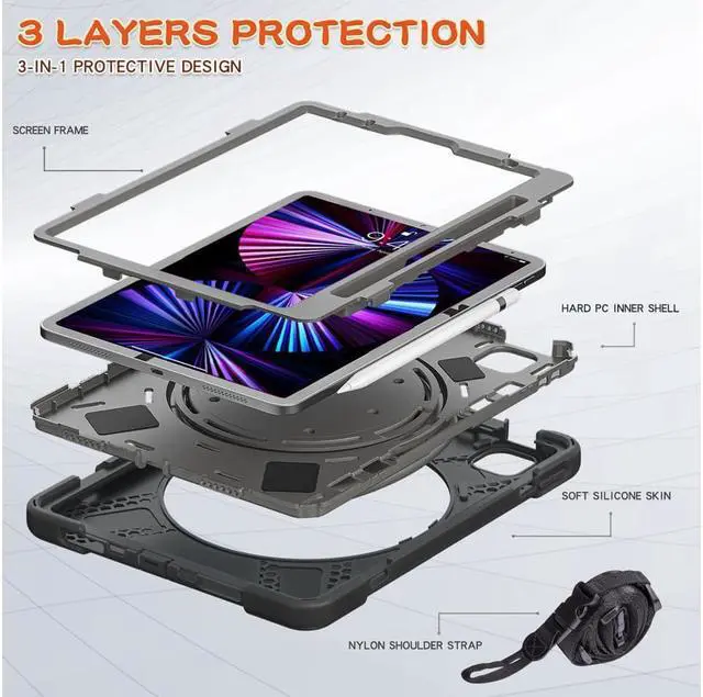 Alt view image 2 of 7 - Case for iPad Pro 11 inch 2022 2021 2020 2018/ iPad Air 4 / Air 5 10.9 Inch, 360° Rotating Kickstand Shockproof Cover with Built-in Stand & Shoulder Strap & Pencil Holder Gray